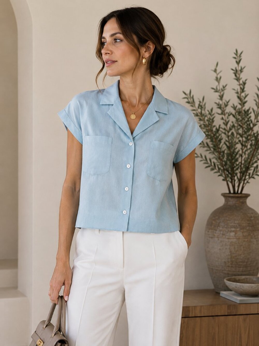 Sigrid Olsen Light Blue Silk Linen Blend Blouse NWT Relaxed Coastal Shirt